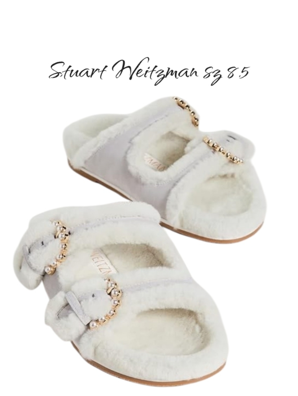 Stuart Weitzman Piper Chill Shearling Slide Sandals Pearl Buckle Perla 8.5